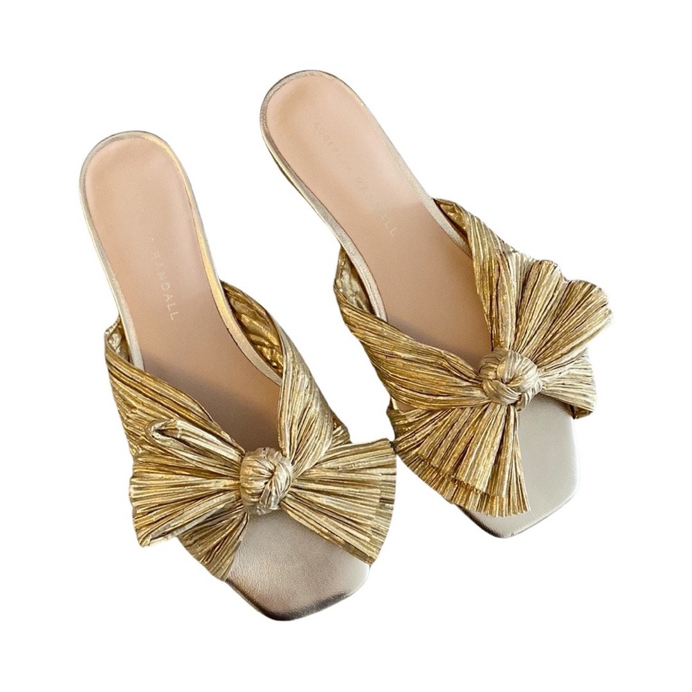 Loeffler Randal Daphne Gold Pleated Bow Slip On Mules Sandals Flats 6.5